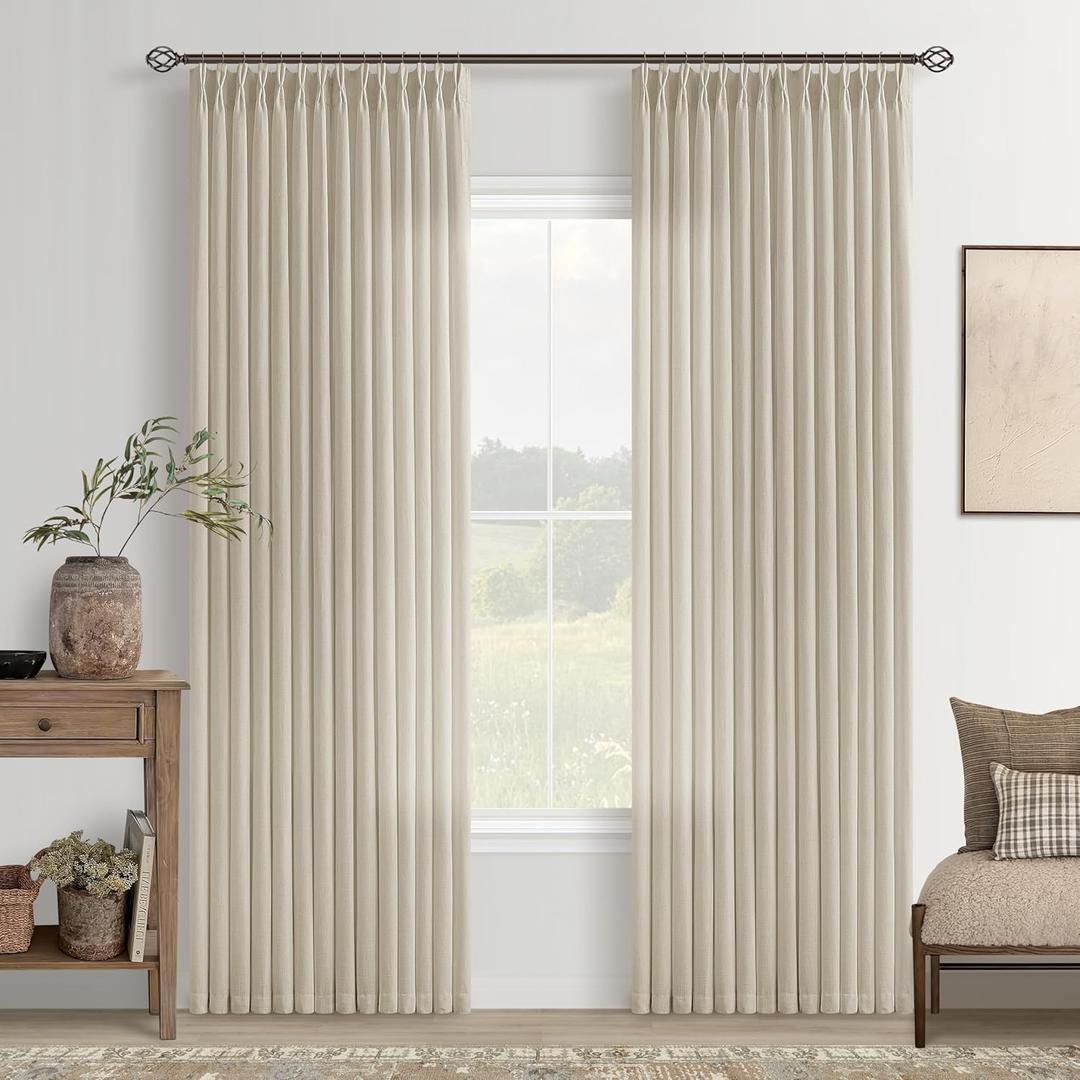Beige Linen Curtains 84 Inch Length Pinch Pleated 2 Panels for Living Room Bedroom Apricot Oatmeal Semi Sheer Window Curtain Boho Neutral Back Tab Pinch Pleat Drape with Rings Hooks 84 Inches Long