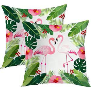 Batmerry Green Plam Pillow Covers 16x16 Inch Set of 2, Flamingo Tropical Leaves of Palm Tree Double Sided Square Throw Pillow Covers Sofa Decorative Pillowcase Cushion (Summer Flamingo Pineapple Pink)