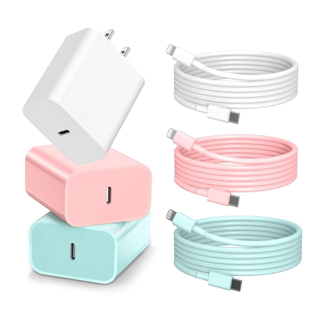 Phone Charger Fast Charging, 3 Pack 20W Type C Wall Charger Block, Fast Charging 20W Power Adapter Cube Compatible with Phone 14/Pro/Pro Max/Plus/13/12/11, XS/XR/X, Pad, Samsumg (White Pink Blue) (6FT)