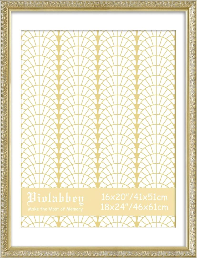 VIOLABBEY 18x24 Picture Frame Gold, Display 16x20 Picture with Mat or 18x24 without Mat, Ornate Vintage 18 x 24 Gold Frame for Wall Decor or Tabletop Display