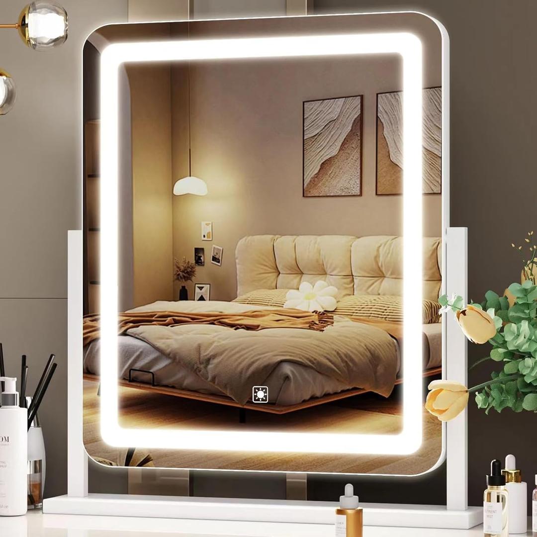 Lighted Makeup Mirror, Hollywood Vanity Mirror with Lights, Three Color Lighting Modes, and 5X Magnification Mirror, Smart Touch Control, 360Rotation (17.2in. White)