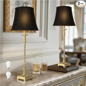33'' Tall Vintage Table Lamp Set of 2, Candle Stick Buffet Lamps with Gold Leaf Finish and Black Linen Shades, 3Way Dimmable Bulbs Included, Nightstand Lamps for Living Room Bedroom Dinning Entryway