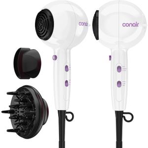 Conair Cake Pop Hair Dryer with Diffuser & Concentrator Attachments, Blow Dryer, Hair Dryers for Women, Tourmaline Ceramic Technology, 3 Heat/2 Speed Settings, Compact Hair Dryer w/Concentrator, White