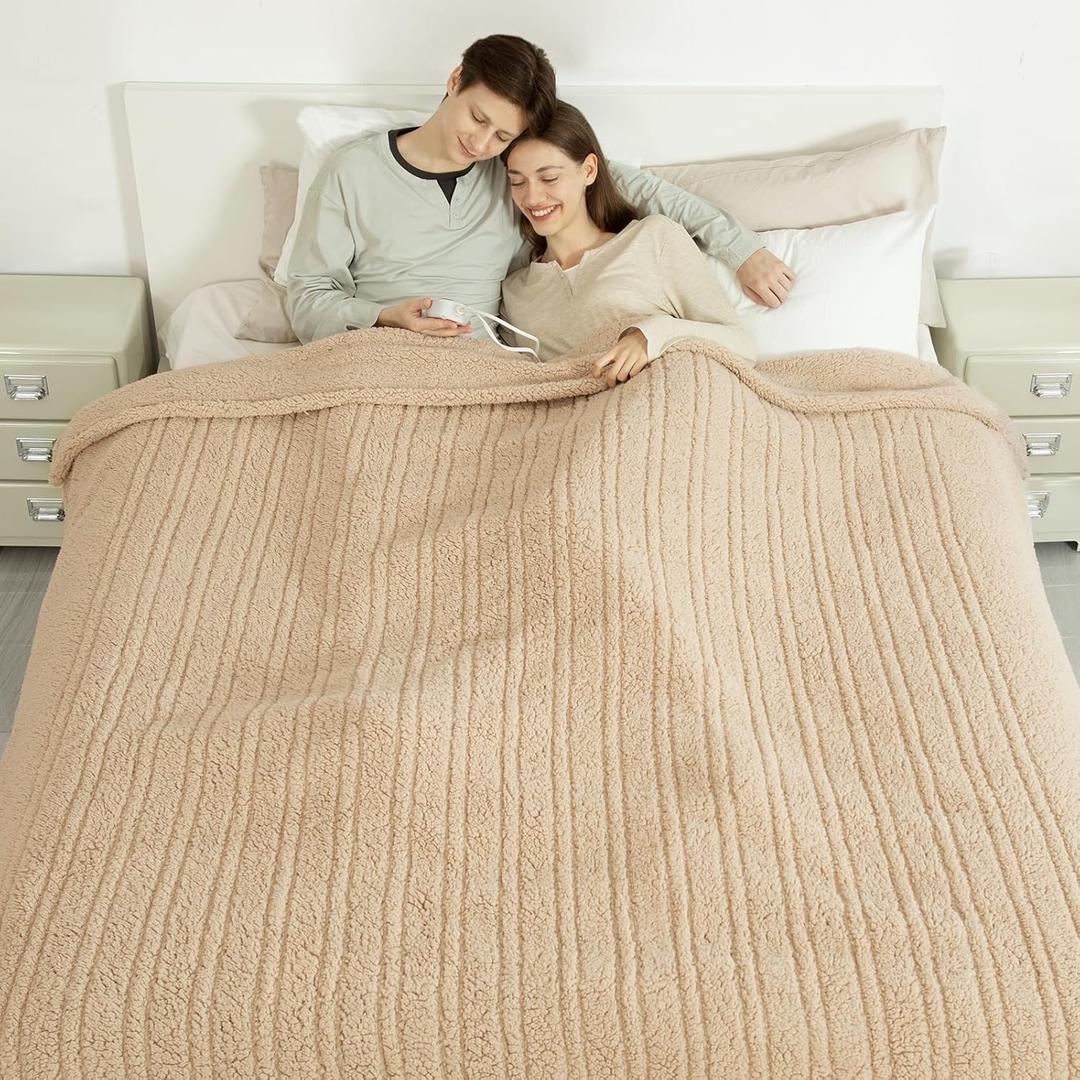 Electric Blanket King Size Single Control - 100"X90" Soft Double Sided Sherpa Heated Blanket with 6 Heating Levels & 10 hrs Timer Settings, Washable & ETL Certified for Bed, Beige
