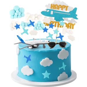 25 Pieces Airplane Cake Decorations Set with Airplane Figurine Aviator Sunglasses Cupcake Toppers for Aircraft Theme Birthday Party Decoration Supplies