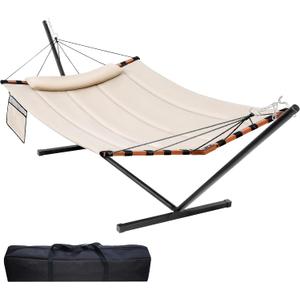 TegerDeger 12FT 2 Person Hammock with Stand Included 55 x 79IN Large Hammock 450LB Capacity with Hardwood Spreader Bar & Nylon Rope for Outside, Patio, Garden, Backyard, Beach, Poolside - Beige