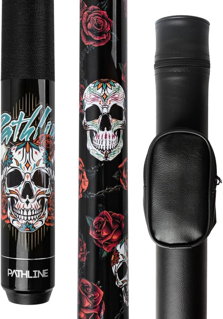 Pool Cue Stick - 58" Canadian Maple 13mm Tip Billiard Pool Stick (20oz, Black/Skull and Case)