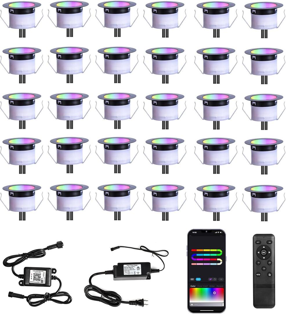 LED Deck Lights Kit, 30 Pack 1.77" Smart RGBW+IC Outdoor Lights | Low Voltage Recessed Deck & Step Lights | IP67 Waterproof Landscape Lighting for Stairs, Pool Deck & Garden | Works with Alexa/Google
