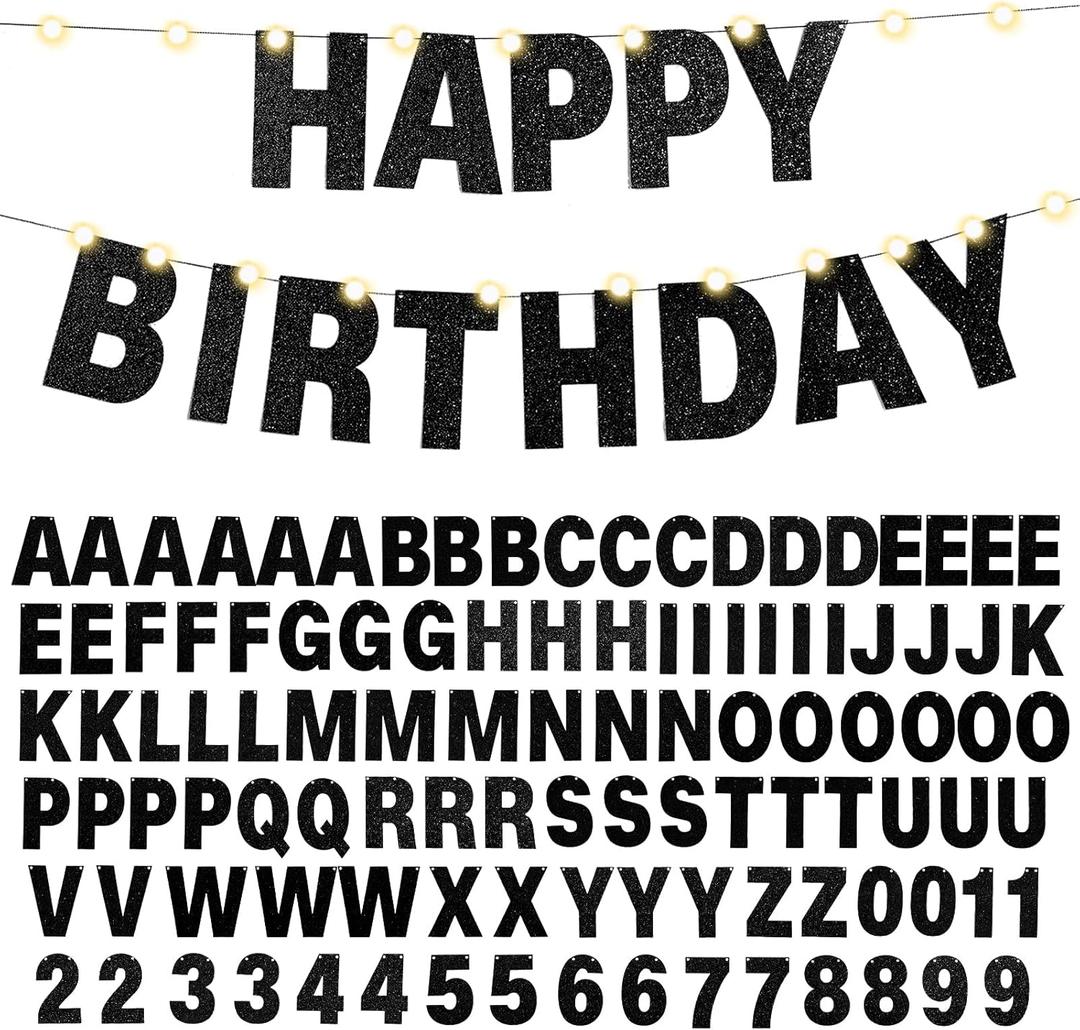 TaoBary 112 Pcs DIY Letter Kit Glitter Customizable Banner Letters Include 107 Letters and Numbers 3 Rope and 2 Needles for Birthday Halloween Christmas Wedding Valentine Party Decor(Black)