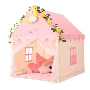 Wilwolfer Kids Tent with Padded Mat, Star Lights - Kids Playhouse Play Tents for Toddlers - Kids Play Tent Indoor Toy House Gifts for Girls Boys (Pink & Yellow, Mesh Door W/ Star Lights & Mat)