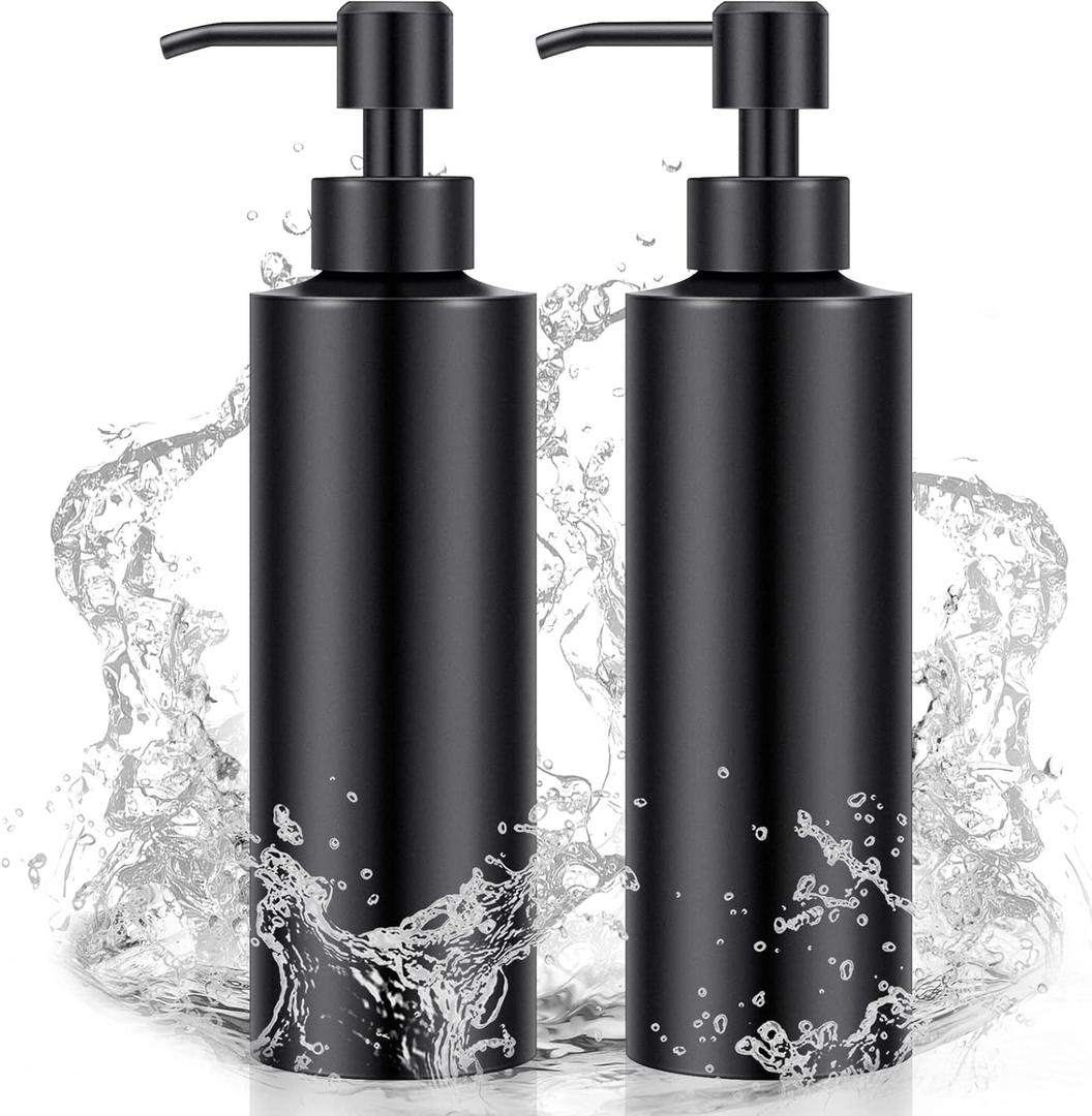 Cunhill 2 Pieces Black Hand Soap Dispenser Bathroom 12 oz Matte Black Hand Soap Dispensers with Stainless Steel Pump Refillable Modern Liquid Bottle for Kitchen Bathroom
