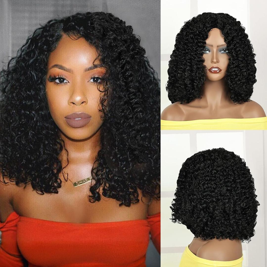 QUEENTAS Curly Wigs for Black Women 12 inch Deep Wave African Wear and Go Glueless Synthetic Black Curly Wig Medium Shoulder Length BOB Wet and Wavy Wigs(1B)