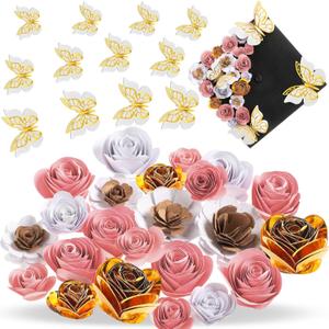 36 Pcs DIY Graduation Cap Decorations Accessory Kit Include Faux Paper Flower Heads 3D Butterfly Grad Cap Mini Paper Flowers Decorations for Grad Cap Topper DIY Graduation Gift(Pink, Gold)