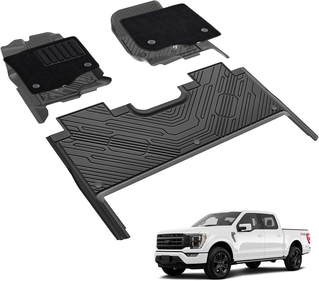 3W Floor Mats & Front Carpet Fit for 2015-2026 Ford F150 / F-150 Lightning SuperCrew Cab, TPE All Weather Heavy Duty Floor Liner Car Accessories (with Original Folding Under-Seat Storage Box)