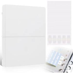 Refillable A5 Binder 6 Ring Cover for Planner Journal Budget Notebook Making with 300 PCS Binder Sheet Converter Sticker, Loose Leaf Cover with 20mm Inner Diameter Ring (Smooth-white)
