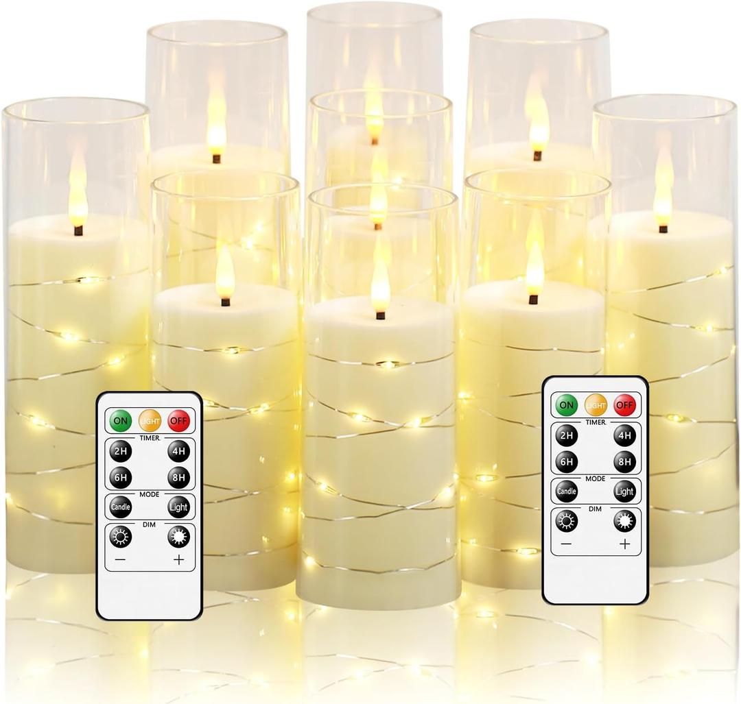 Nimiko Flickering Flameless LED Candles,Battery Operated Candles 9 Pcs with Embedded Star String,Acrylic LED Pillar Candles with Remote,Suitable for Home Decoration to Create an Atmosphere (Ivory)