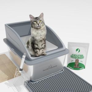 Extra Large Stainless Steel Cat Litter Box with Lid, Scoop, Mat, Deodorizer & Bonus Scratching Post - Durable Metal Litter Box for XL/XXL Cats, Odor Control, Easy to Clean