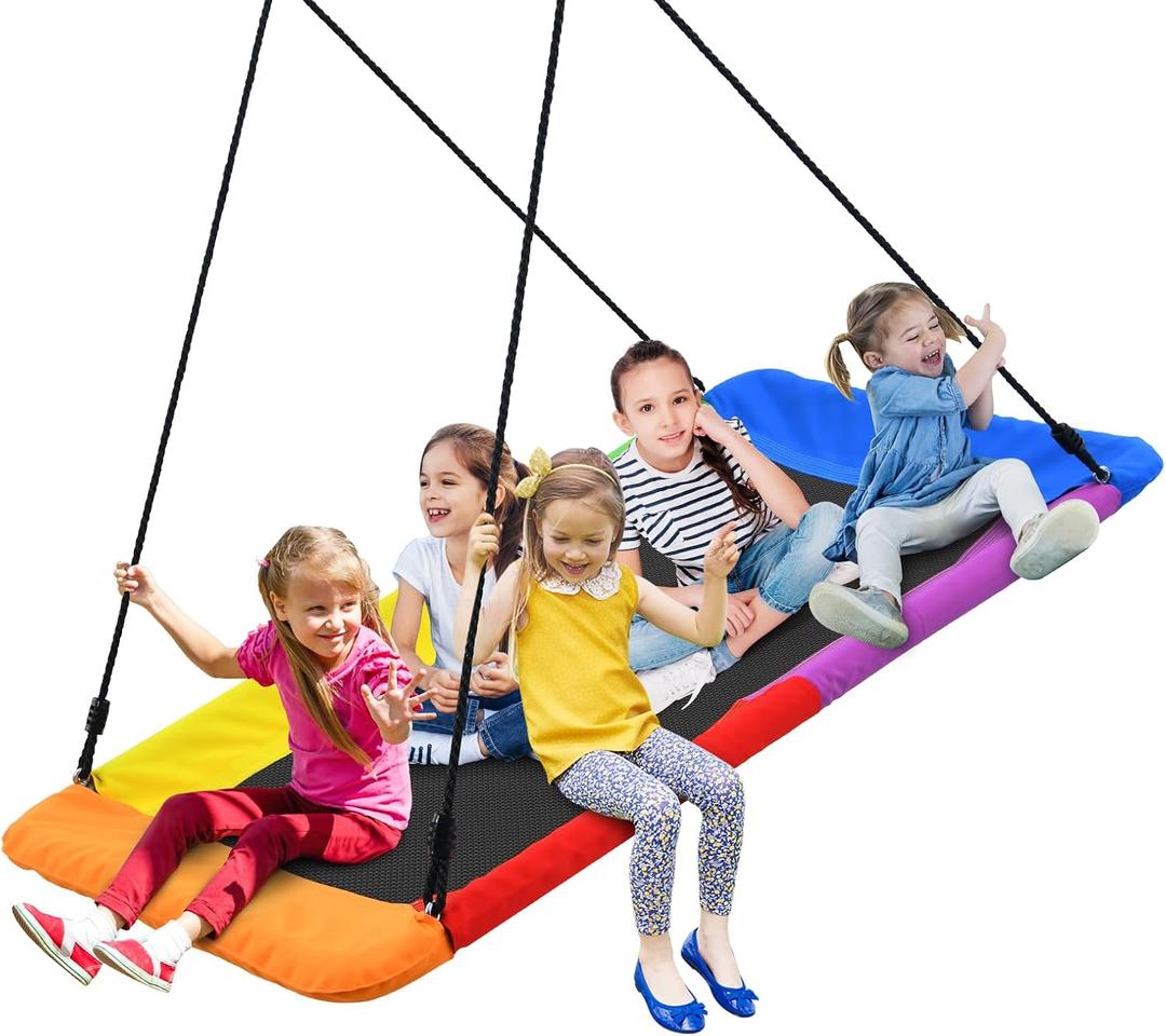 Trekassy 60" Rectangle Platform Tree Swing for Kids Adults, 700lb Capacity Outdoor Giant Swing, 900D Oxford Waterproof Flat Swings with 2 Hanging Straps for Backyard - Rainbow (Patented)