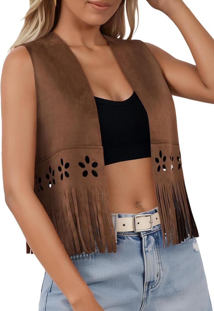SOFIA'S CHOICE Women Fringe Vest Cowgirl Western Hippie Faux Suede Tassel Rave Outerwear Brown X-Large