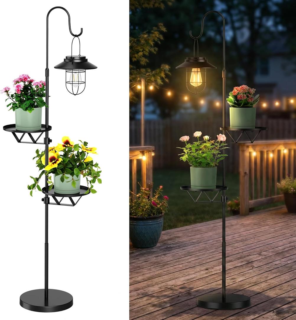 60.62'' Shepherd's Hook Stand Plant with Solar Lantern, Outdoor Floor Lamp, Wind Chime Hanger Stand, Waterproof Metal Adjustable Height Standing Pole Holder & Light for Patio Decor (2 Placement Racks)