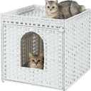 SETVSON Cat Litter Box Enclosure Furniture, Large PE Rattan, White | Large PE Rattan Kitty House fits Large Litter Boxes, Top Fence, Included Litter Mat, 2 S-Hooks, Sturdy Metal Frame