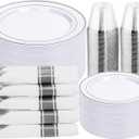 DaYammi 350PCS Silver Plastic Dinnerware Set for 50 Guests, Fancy Disposable Plates for Party, Include: 50 Dinner Plates, 50 Dessert Plates, 50 Pre Rolled Napkins with Silver Silverware, 50 Cups