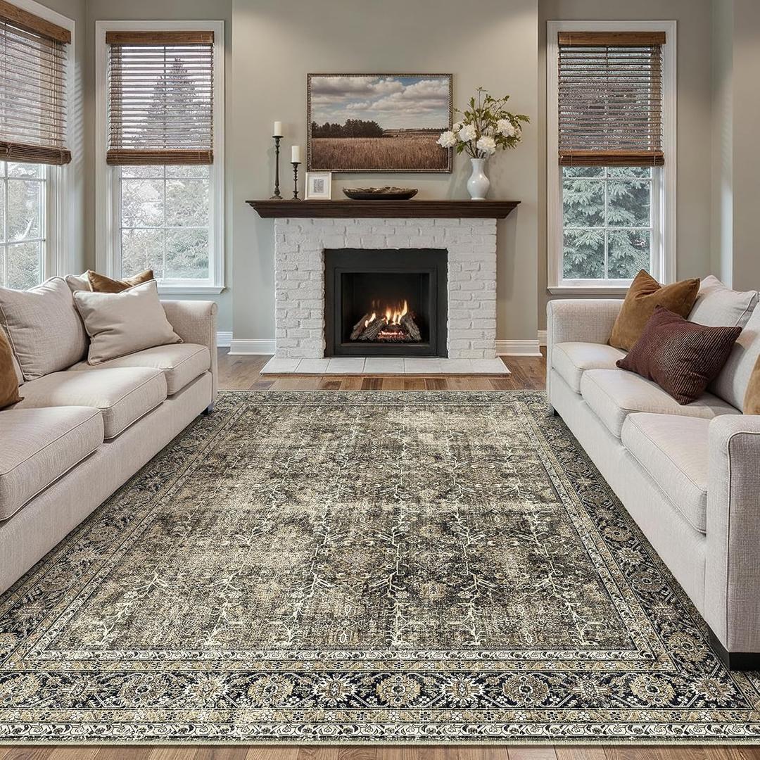 Vintage Area Rug 9x12 Brown Washable Living Room Large Carpet Non Slip Bedroom Indoor Office Low Pile Traditional Distressed Retro Accent Rug for Dining Room, Accent Brown