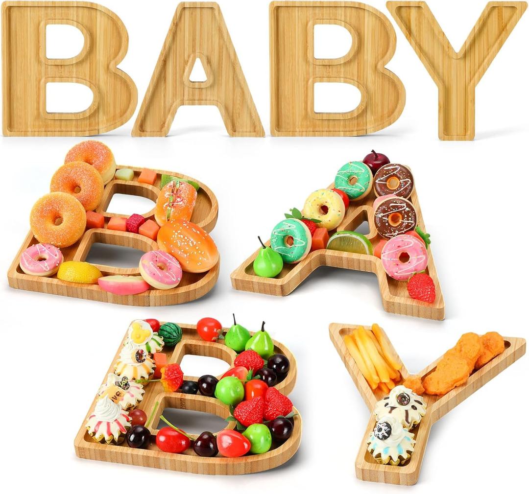 1 Set Baby Shower Wooden Charcuterie Baby Shaped Letter Serving Tray Board Dish Decorative Platter for Snack Food Cake Cookies for Gender Reveal Birthday Party(Wood)