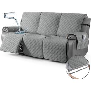 TAOCOCO 100% Waterproof Recliner Couch Covers, Recliner Sofa Covers with Leg Straps, 1-Piece Washable Reclining Sofa Cover with Pocket Couch Protector for Pets Kids(3 Seater, Light Gray)