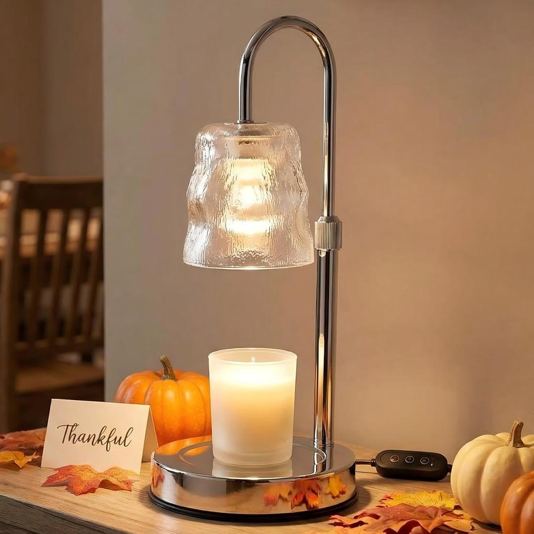 Candle Warmer Lamp with Timer & Dimmable,Candle Lamp Warmer with Ice-cracked Glass Shade,Gifts for Women valentines day, Adjustable Height Wax Warmer Lamp with 2 Bulbs for Jar Candles (Silver)