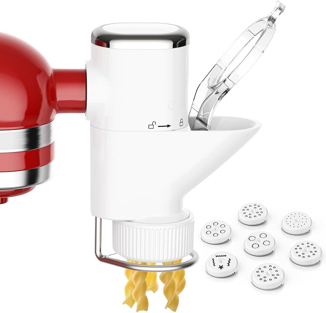 Gourmet Pasta Press Attachment for KitchenAid Stand Mixers, Pasta Maker Kitchenaid Attachment With 7 Interchangeable Pasta Plates, For Kitchen aid Pasta Attachment (White)