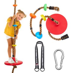 DECORLIFE Adjustable Rope Swing for Kids, Climbing Rope Disc Swing with Platforms, Carabiner and Tree Strap, Tree Swing for Outdoor, Swing Set Playground Accessories, Red