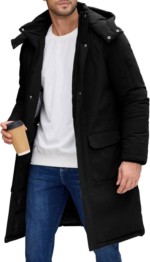 Men's Winter Long Puffer Jackets, Water-Repellent Down Parka Warm Coats Outerwear with Detachable Hood & Carry Straps (Large, Black)