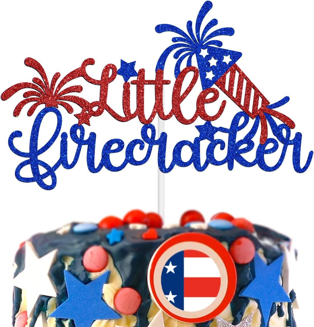 Little Firecracker Cake Topper, 4th of July Welcome Baby, Patriotic Independence Day/Memorial Day Theme Gender Reveal/Baby Shower/First Birthday Party Decorations Supplies