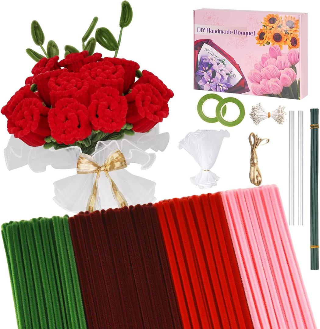 SZXYMUQI Pipe Cleaner Flower Kit, DIY Rose Bouquet Craft Kit for Adults, 500 PCS Chenille Stems Floral Art Set, Handmade Flower Making Kit with Tape & Ribbon for Hobby, Home Decor & Gifts