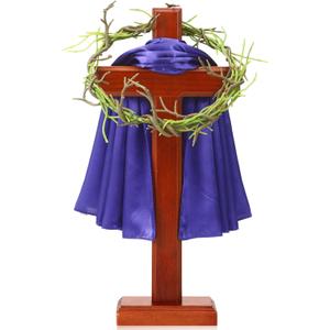 Lineshading 16 Inch Easter Standing Cross Decor Wood Cross with Base Purple Scarf Thorn Crown Decorative Baptism Centerpieces for Tables Church Decor Religious Jesus Christ Gift