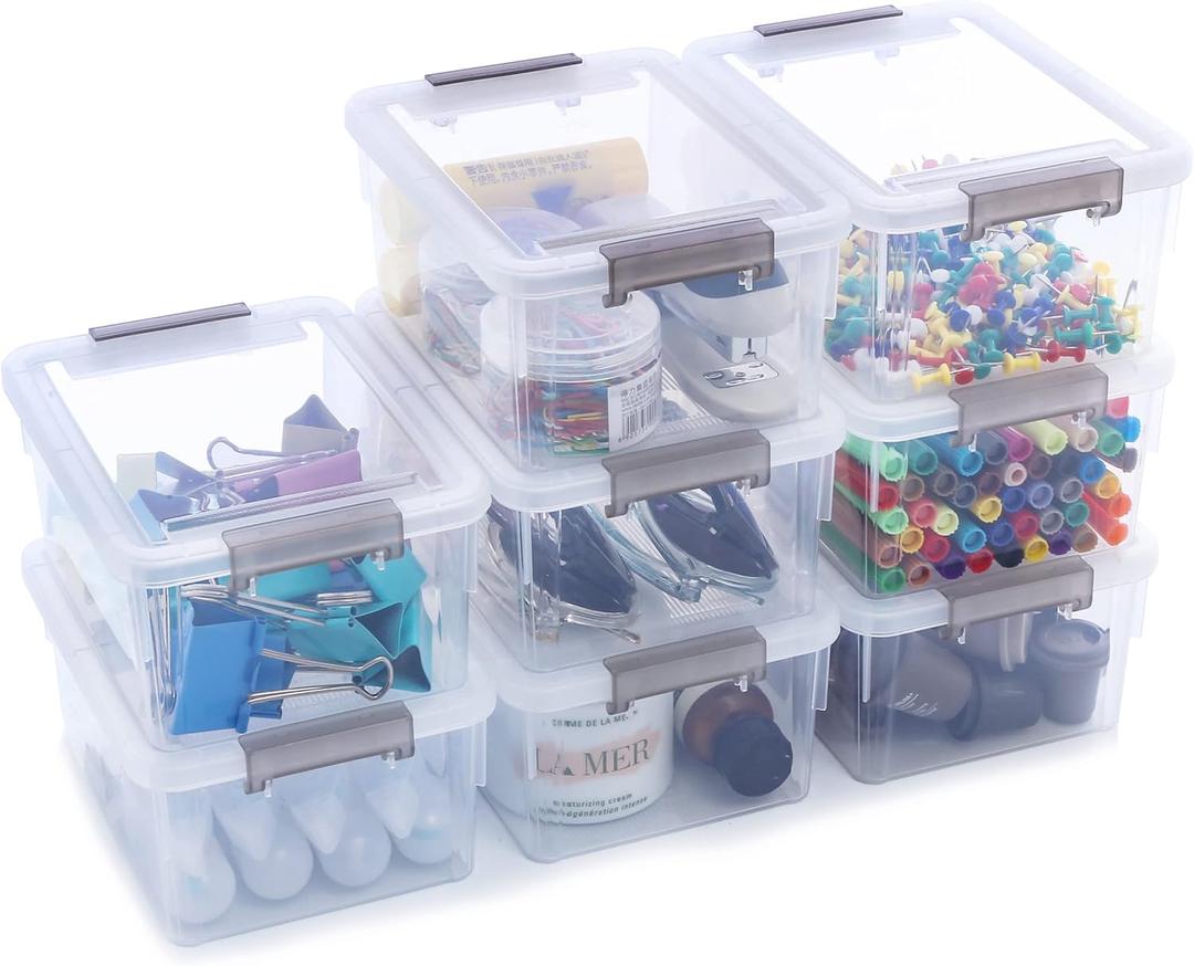 Citylife 8 Packs Small Storage Bins 1.3 QT Plastic Storage Container Stackable Box with Lids for Organizing, Clear White
