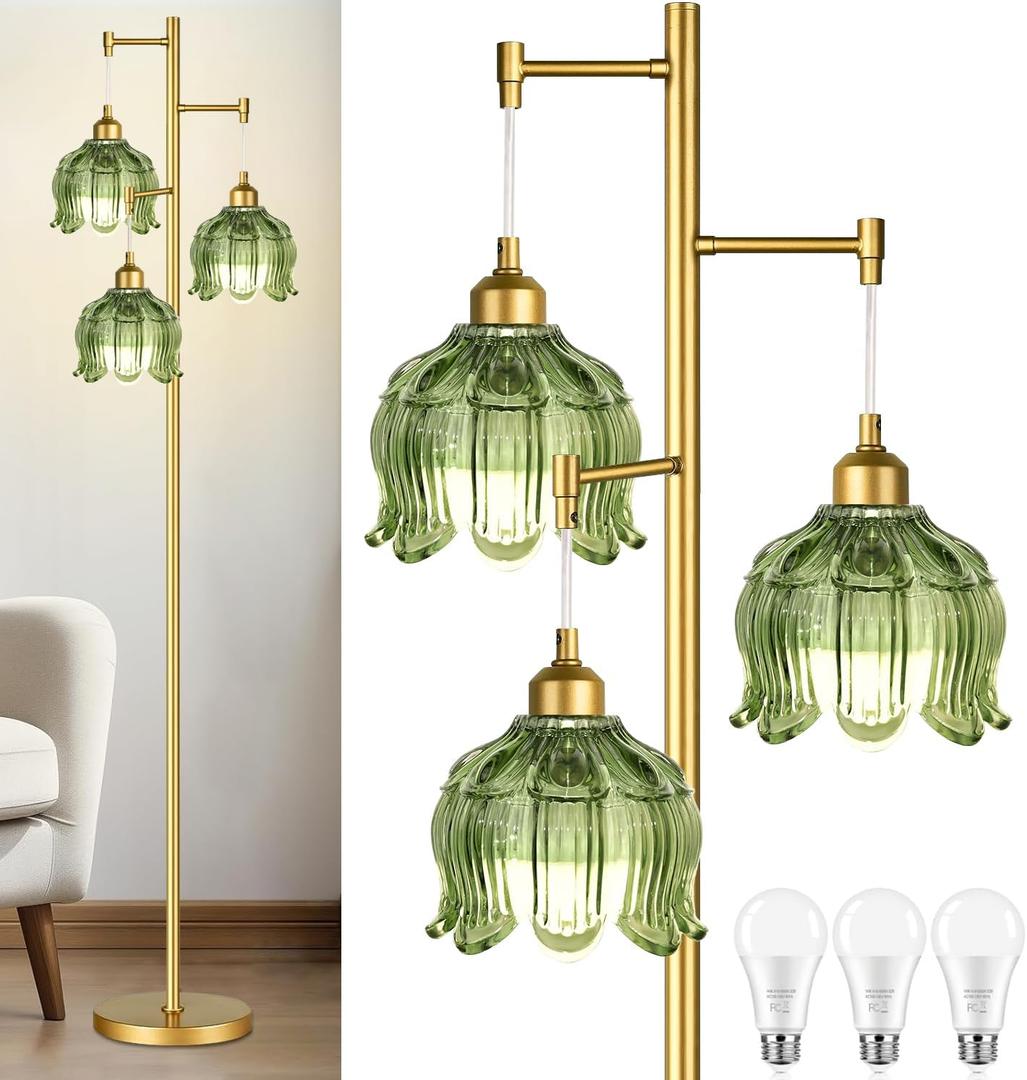 Vintage Floor Lamps for Living Room Bedroom-3 Light Glass Floor Lamp with Three Led Bulb, Flower Tall Floor Lamp Gold Mid Century Modern Standing Lamp Tree Floor Lamps for Living Room Bedroom Corner (4.25inch)