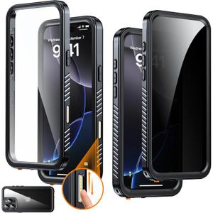 iPhone 16 Pro Max Case Waterproof, Built-in Privacy Screen & HD Screen Double Front Frame [IP68 Underwater] Shockproof Dustproof Full Body Protection iPhone 16 Pro Max Phone Case (Black)