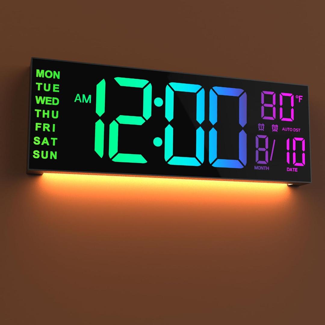 JALL 16" Large Digital Wall Mount Clock, Count Down Timer with Remote, Alarm, Big LED, 8 RGB Color, DST, Temperature for Living Room Classroom Desk, Xmas, Birthday Gift for Senior Men Women Mom Dad (16 inches, Black)
