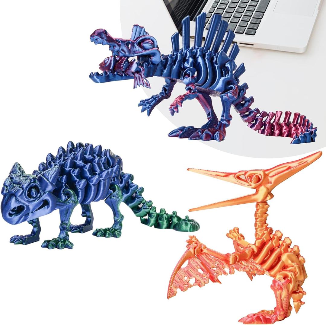3PCS 3D Printed Dinosaur Skeletons, 3D Printed Dragon Animals Toys, Spinosaurus Pterosaur Ankylosaurus Fidget Toys Desk, Poseable with Articulated Joints, Home Decor, Stress Relief Toy (Dinosaur-B)