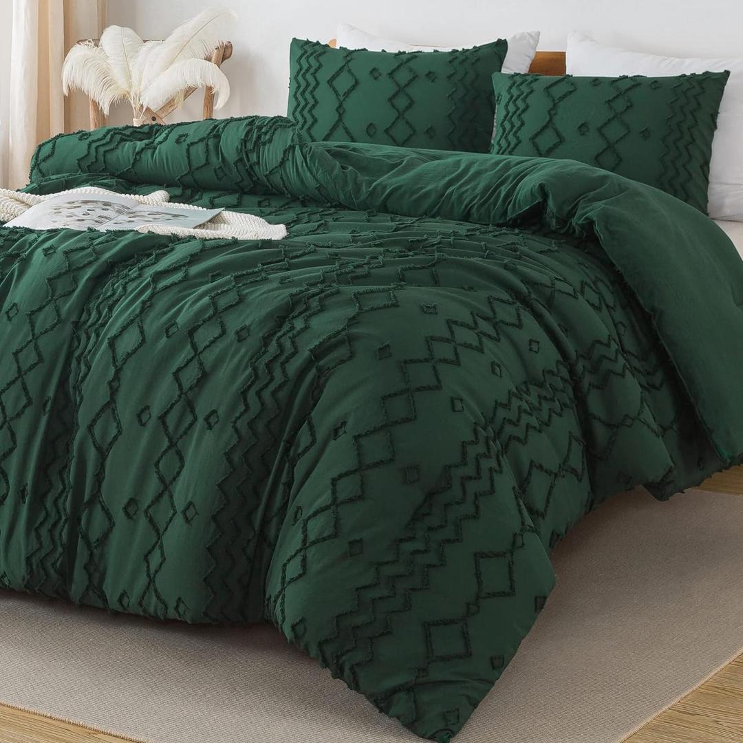 Andency Comforter King Size Emerald Green Set (104x90 Inch), 3 Pieces Dark Forest Green Tufted Farmhouse Bedding, Soft Microfiber Geometric Bed Set (King(104"x90"), 02 - Emerald)