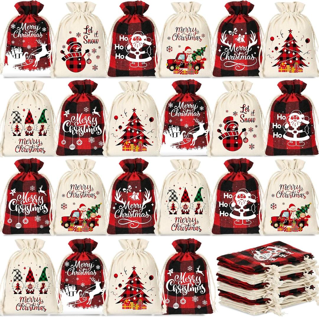 Huhumy 36 Pcs Small Christmas Gift Bags Bulk with Handles Plaid Party Favor Mini Candy Goodies Bag Black and Red Plaid Jewelry Bags for Christmas Party Birthday Supplies(5 x 7 Inch)
