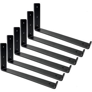 Shelf Brackets 12 Inch, Heavy Duty Black Metal Floating Shelf Bracket, Rustic Farmhouse Decorative Iron L Bracket with Lip/Hook, J Brackets Wall Angel Corner Brace for Wood Shelves - 6 Pack