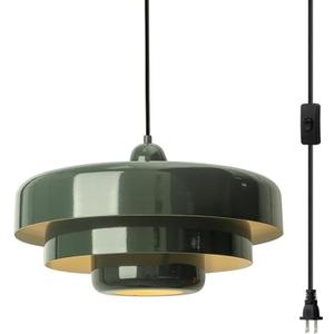Plug-in Green Pendant Light Fixtures, 16FT Hanging Lights with Plug in Cord 3-Layer Shade Mid Century Modern Hanging Lamp Pendant Lighting for Bedroom Dining Room Living Room
