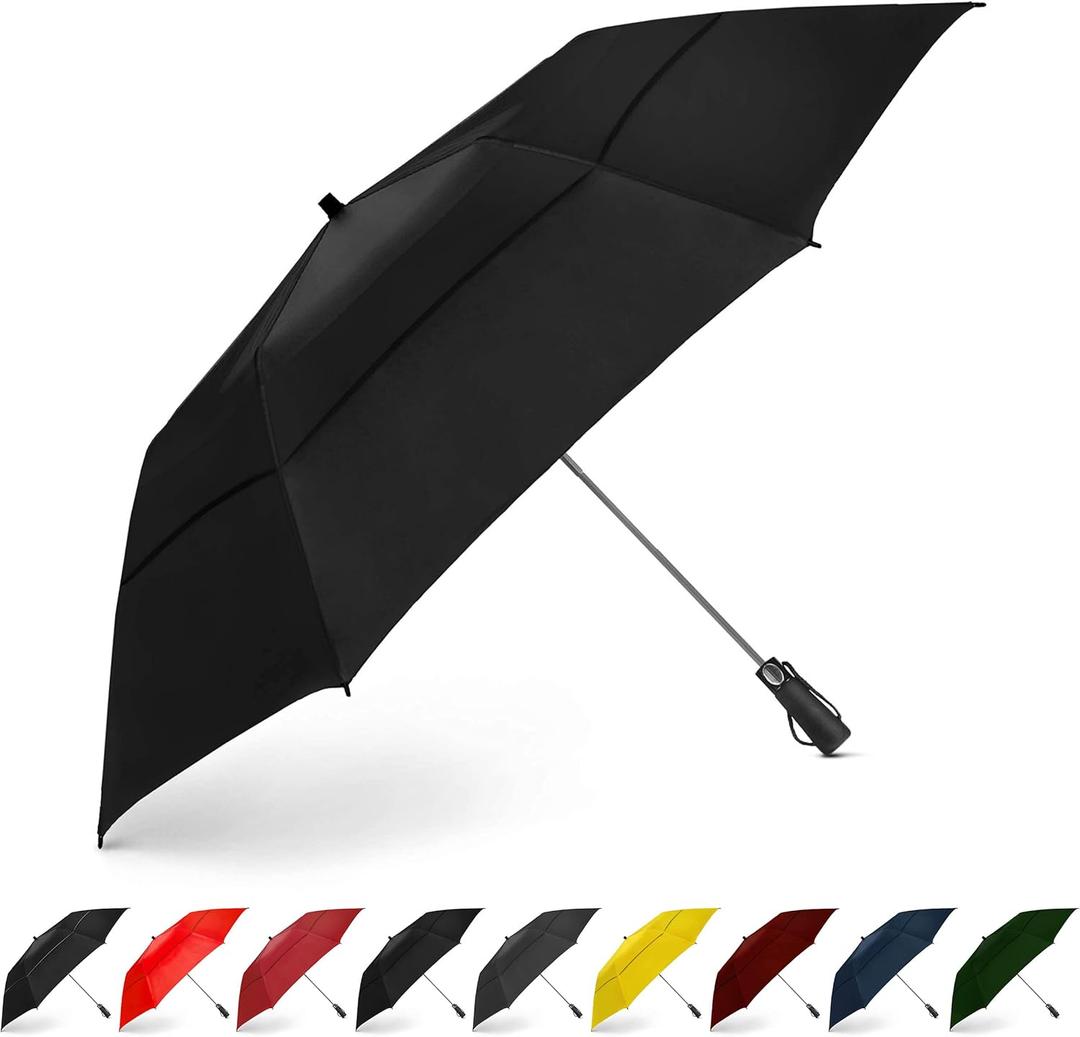 EEZ-Y Compact Travel Golf Umbrella, 58 Inch Collapsible Windproof Umbrellas for Rain w/Double Canopy - Lightweight, Portable & Break Resistant  Black
