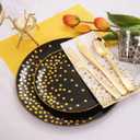 U-QE 350PCS Black Gold Plastic Plates - Halloween Black Plastic Dinnerware Sets for 50 Guests - 100 Disposable Plates, 150 Silverware, 50 Cups, 50 Napkins for Halloween & Wedding & Party