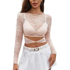 Avidlove Womens Long Sleeve Mesh Top Mock Neck Sexy See Through Shirt Cut Out Floral Lace Tops（with Bra (Beige, L)