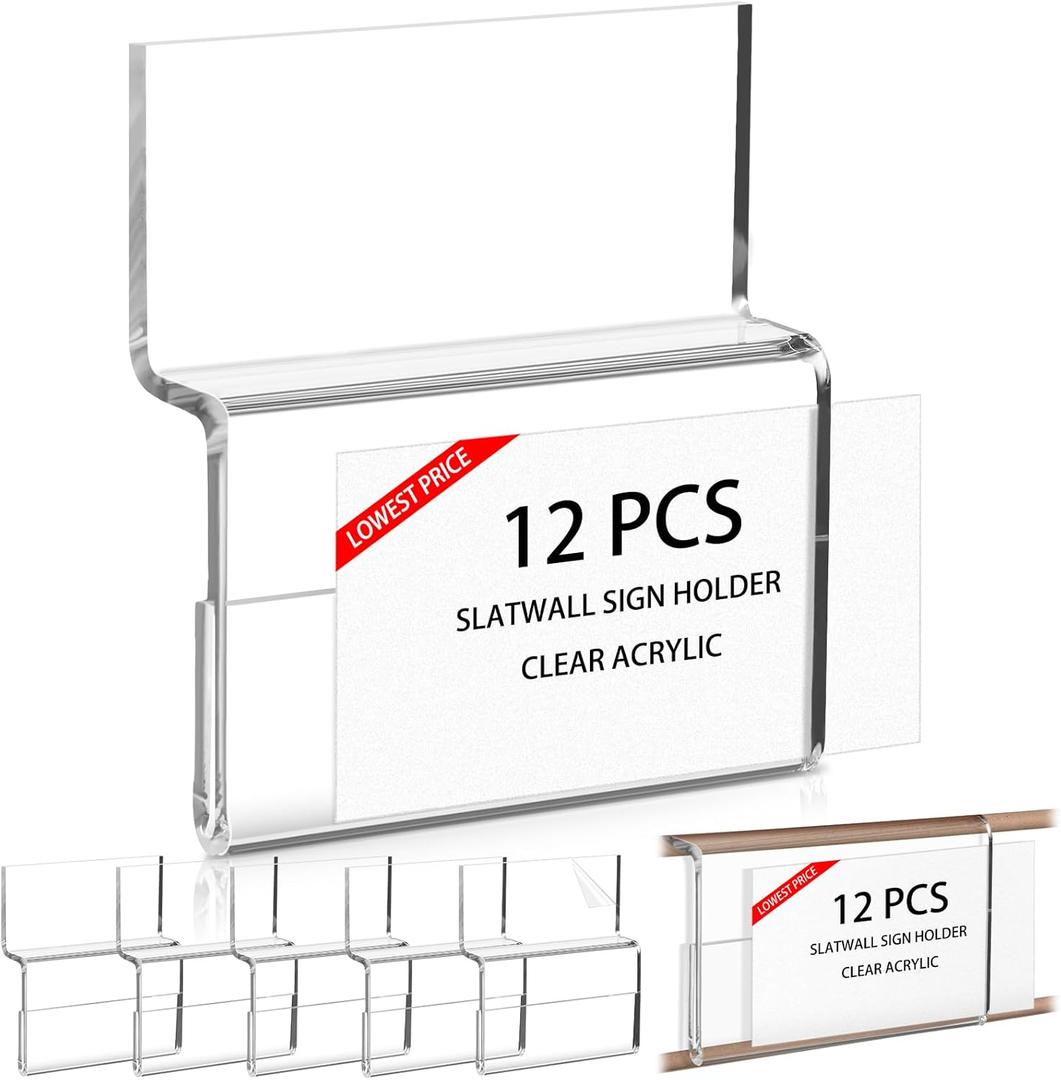 Kathfly 12 Pcs Slatwall Sign Holder Acrylic Product Label Holder Horizontal 3.5 x 2 Business Cards or Stickers Clear Office Reception Areas Display