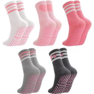 Pilates Socks with Grips for Women Cute Non Slip Yoga Socks for Barre Hospital Home, One Size (Heart Striped)
